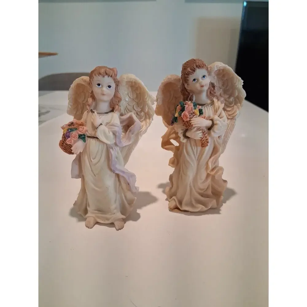 Vintage Resin Angel Figurines Lot Of 2 Guardian Angels With Flowers Basket...